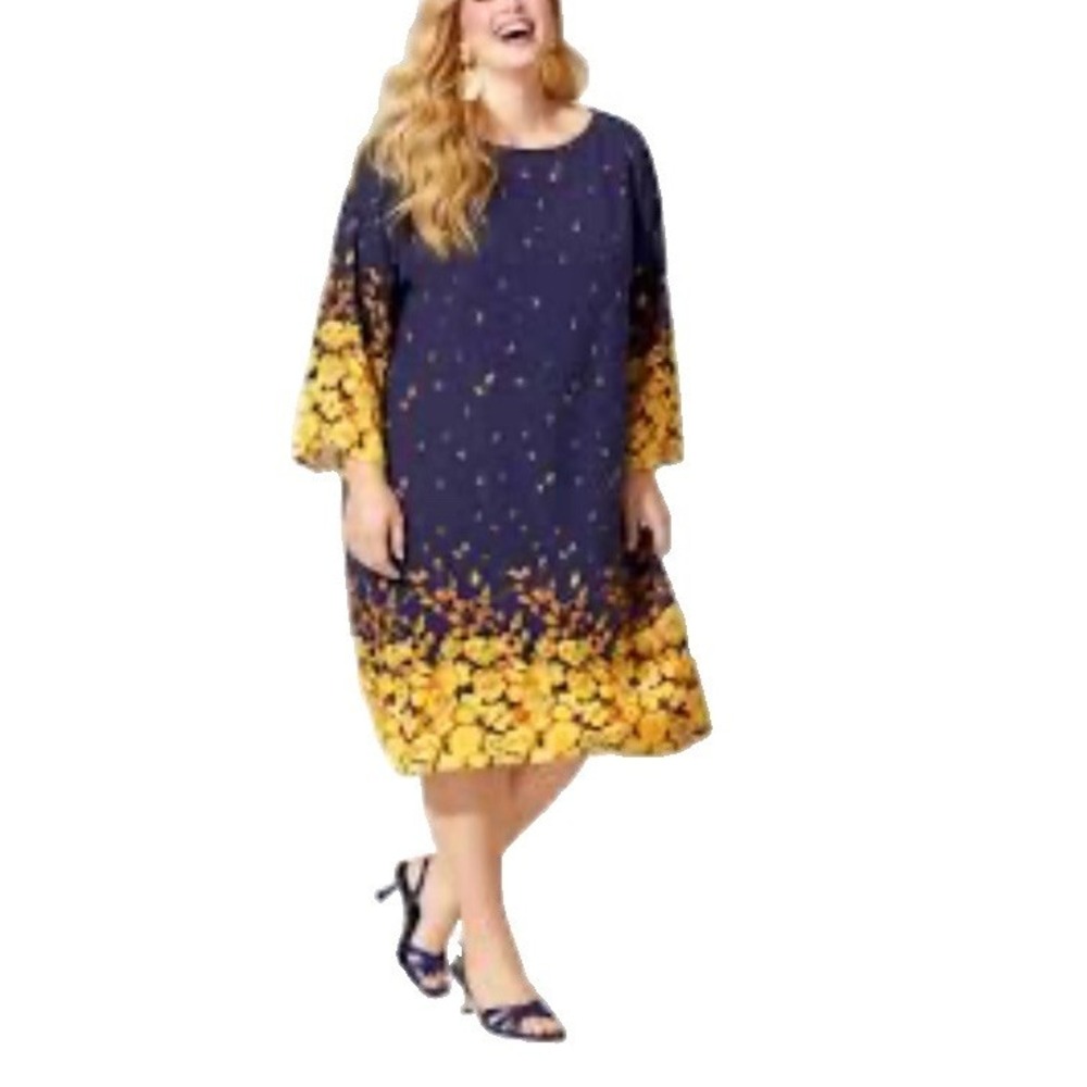 Grace Karin Floral Hem Dress Sz L Split Sleeve Navy Yellow Career Party Cottage